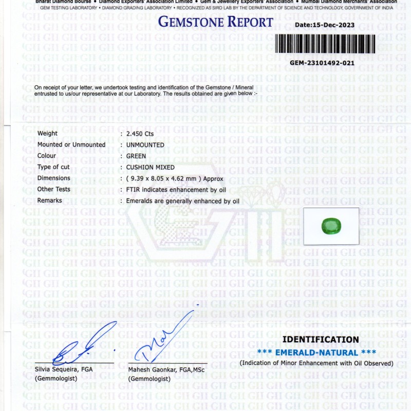 2.45 Ct GII Certified Untreated Natural Zambian Emerald Panna AAAA