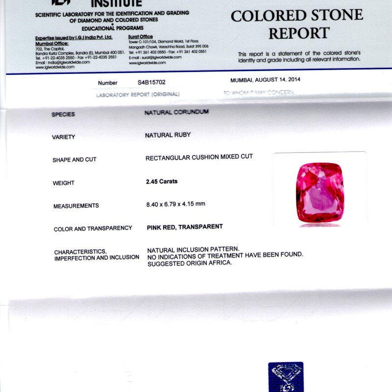 2.45 Ct IGI Certified Unheated Untreated Natural Madagaskar Ruby