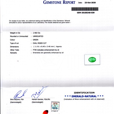 2.46 Ct GII Certified Untreated Natural Zambian Emerald Gems AAA 2.46 Ct GII Certified Untreated Natural Zambian Emerald Gems AAA