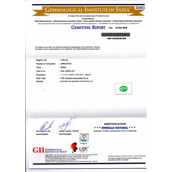 2.46 Ct GII Certified Untreated Natural Zambian Emerald Gems AAA