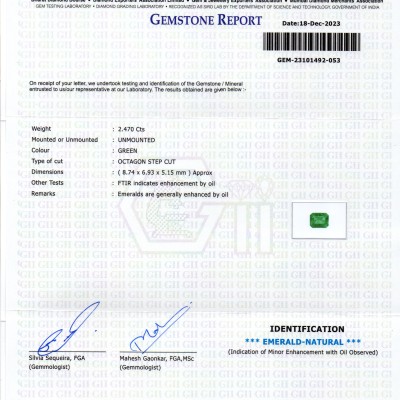 2.47 Ct GII Certified Untreated Natural Zambian Emerald Panna AAA