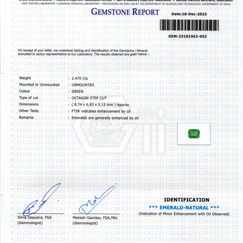 2.47 Ct GII Certified Untreated Natural Zambian Emerald Panna AAA