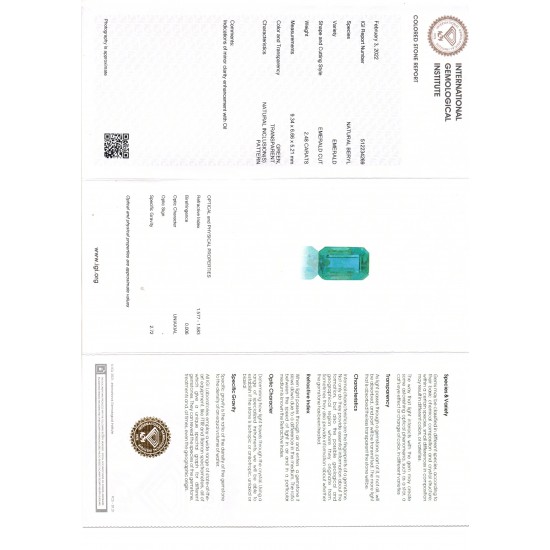 2.48 Ct IGI Certified Untreated Natural Zambian Emerald Gemstone AAA