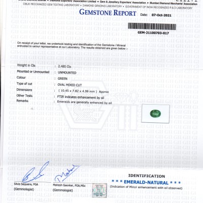 2.48 Ct GII Certified Untreated Natural Zambian Emerald Gemstones 2.48 Ct GII Certified Untreated Natural Zambian Emerald Gemstones