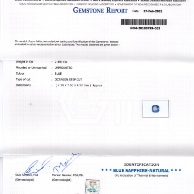 2.49 Ct GII Certified Unheated Untreated Natural Ceylon Blue Sapphire AAA