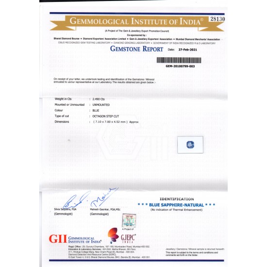2.49 Ct GII Certified Unheated Untreated Natural Ceylon Blue Sapphire AAA