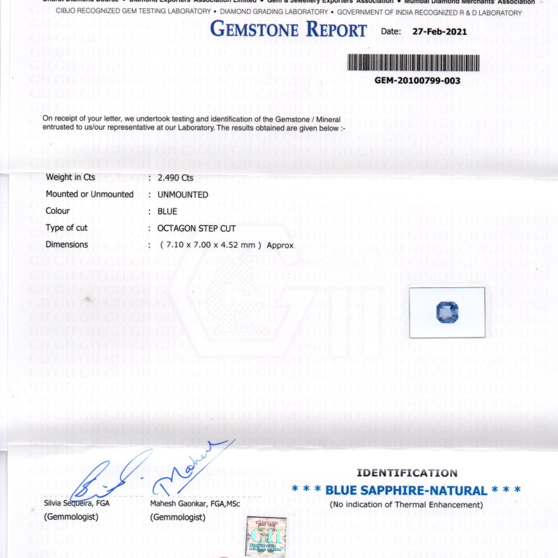 2.49 Ct GII Certified Unheated Untreated Natural Ceylon Blue Sapphire AAA
