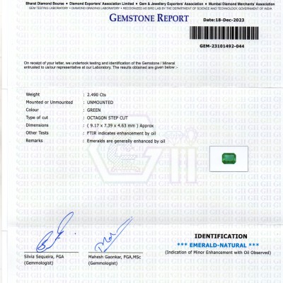 2.49 Ct GII Certified Untreated Natural Zambian Emerald Panna AAA