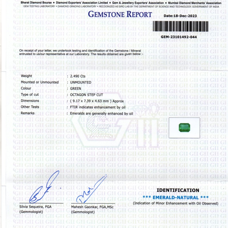 2.49 Ct GII Certified Untreated Natural Zambian Emerald Panna AAA