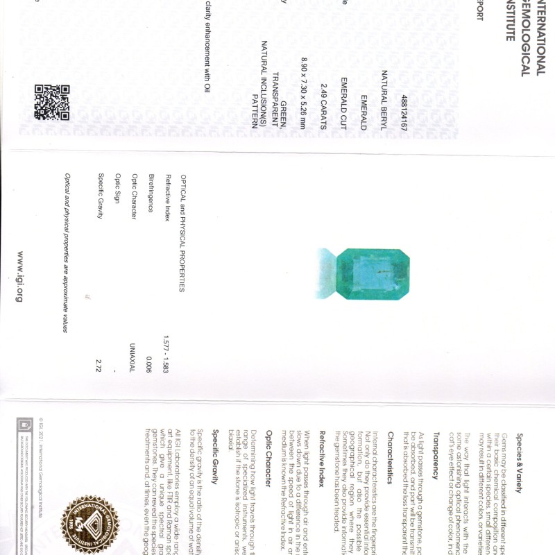 2.49 Ct IGI Certified Untreated Natural Zambian Emerald Gems AAA 2.49 Ct IGI Certified Untreated Natural Zambian Emerald Gems AAA