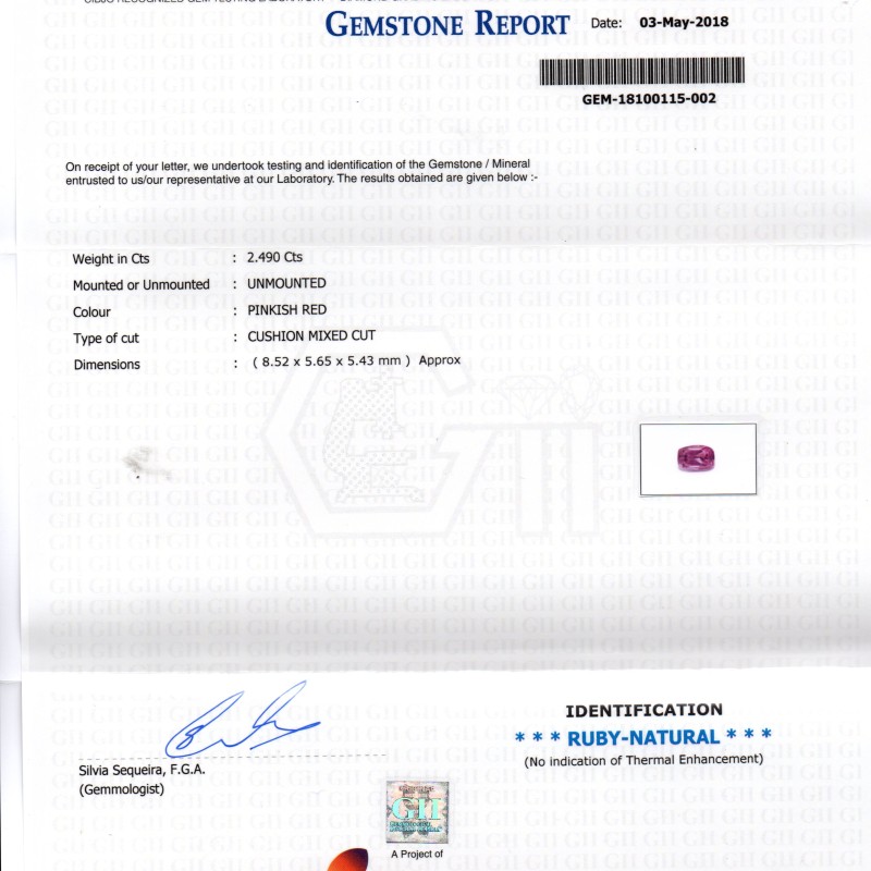 2.49 Ct GII Certified Unheated Untreated Natural Madagaskar Ruby 2.49 Ct GII Certified Unheated Untreated Natural Madagaskar Ruby