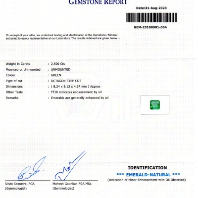 2.50 Ct GII Certified Untreated Natural Zambian Emerald Panna Gems