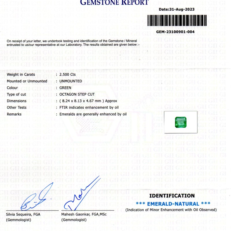 2.50 Ct GII Certified Untreated Natural Zambian Emerald Panna Gems