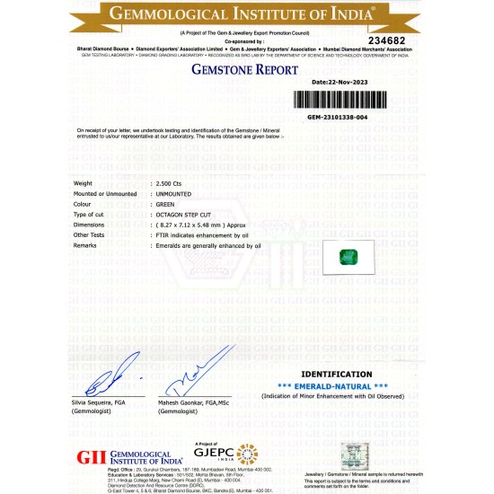 2.50 Ct GII Certified Untreated Natural Zambian Emerald Panna Gems