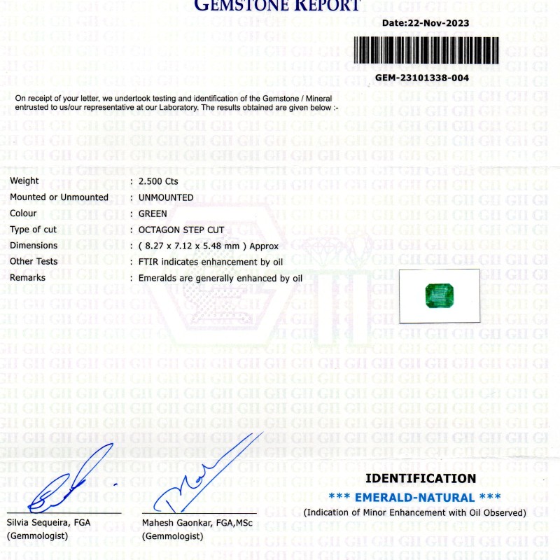 2.50 Ct GII Certified Untreated Natural Zambian Emerald Panna Gems
