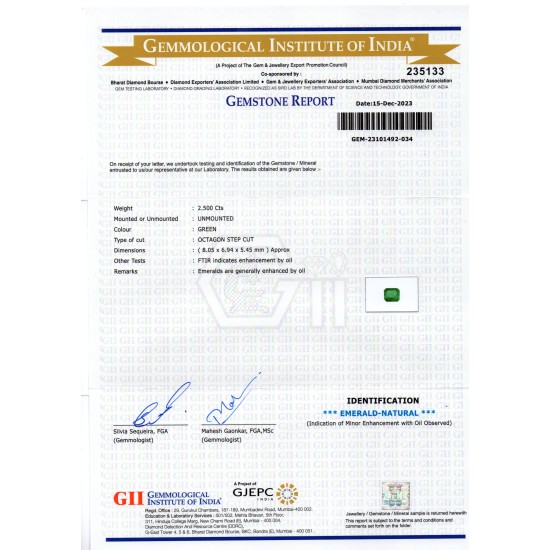 2.50 Ct GII Certified Untreated Natural Zambian Emerald Panna AAA