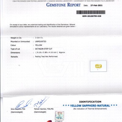 2.52 Ct Gii Certified Unheated Untreated Natural Ceylon Yellow Sapphire AAA 2.52 Ct Gii Certified Unheated Untreated Natural Ceylon Yellow Sapphire AAA