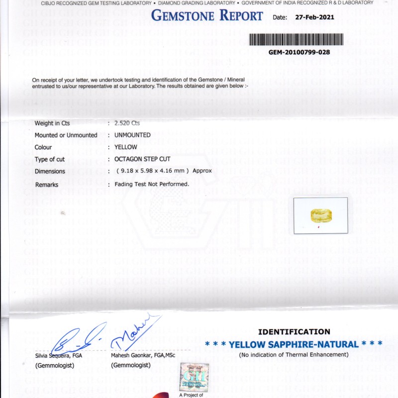 2.52 Ct Gii Certified Unheated Untreated Natural Ceylon Yellow Sapphire AAA 2.52 Ct Gii Certified Unheated Untreated Natural Ceylon Yellow Sapphire AAA