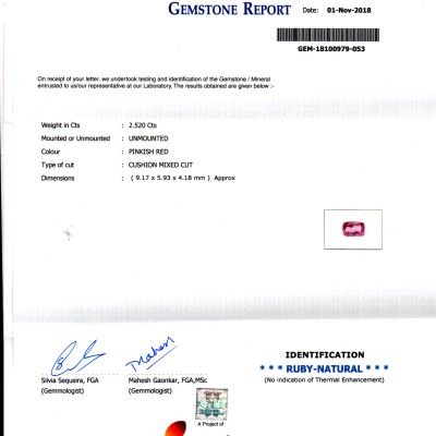 2.52 Ct GII Certified Unheated Untreated Natural Madagaskar Ruby AA 2.52 Ct GII Certified Unheated Untreated Natural Madagaskar Ruby AA
