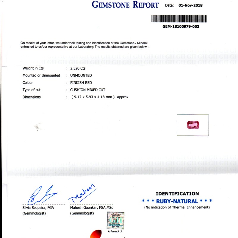 2.52 Ct GII Certified Unheated Untreated Natural Madagaskar Ruby AA 2.52 Ct GII Certified Unheated Untreated Natural Madagaskar Ruby AA