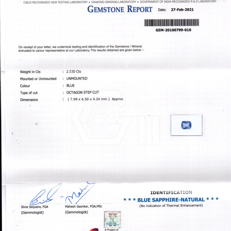 2.53 Ct GII Certified Unheated Untreated Natural Ceylon Blue Sapphire AAA 2.53 Ct GII Certified Unheated Untreated Natural Ceylon Blue Sapphire AAA