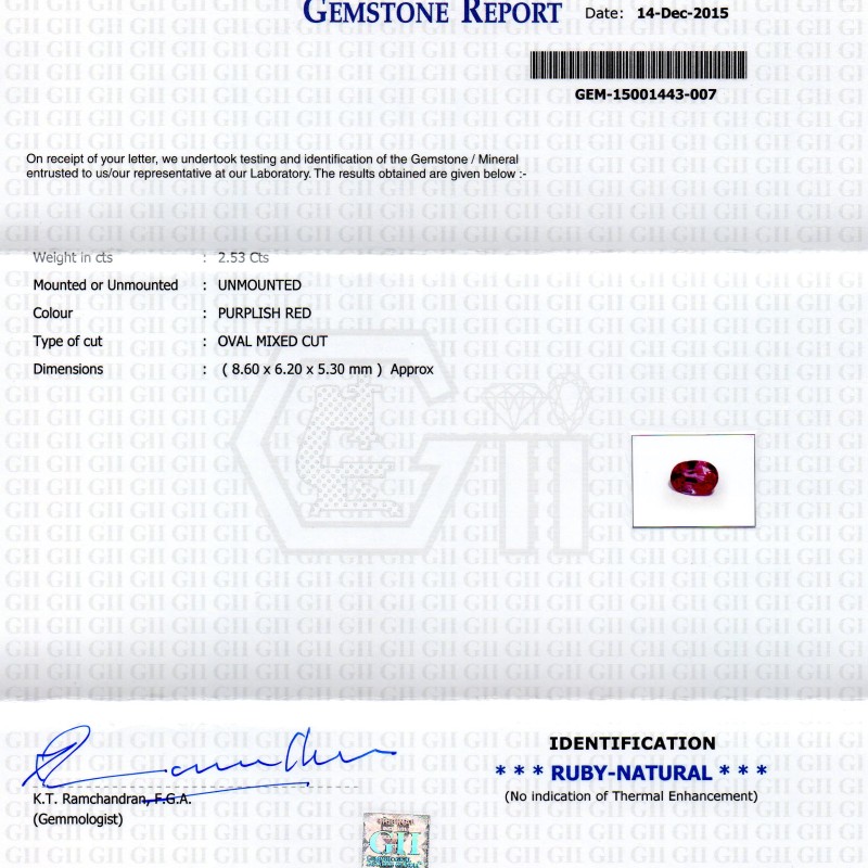 2.53 Ct Certified Unheated Untreated Natural Madagaskar Ruby 2.53 Ct Certified Unheated Untreated Natural Madagaskar Ruby
