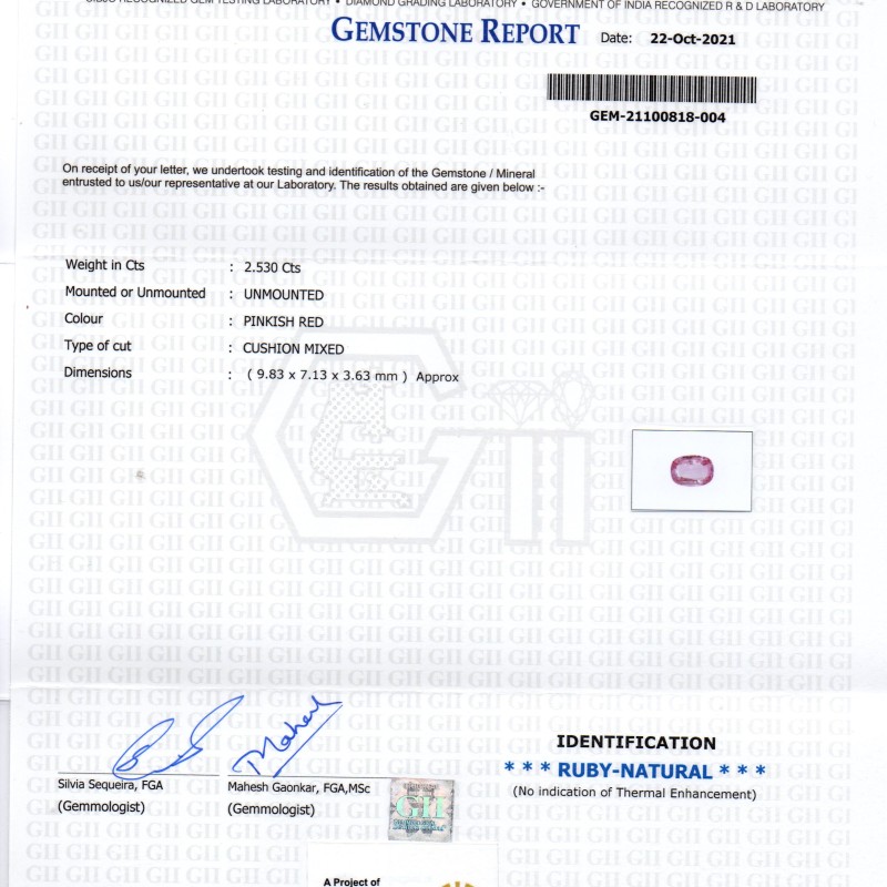 2.53 Ct GII Certified Unheated Untreted Natural Madagaskar Ruby Gems 2.53 Ct GII Certified Unheated Untreted Natural Madagaskar Ruby Gems
