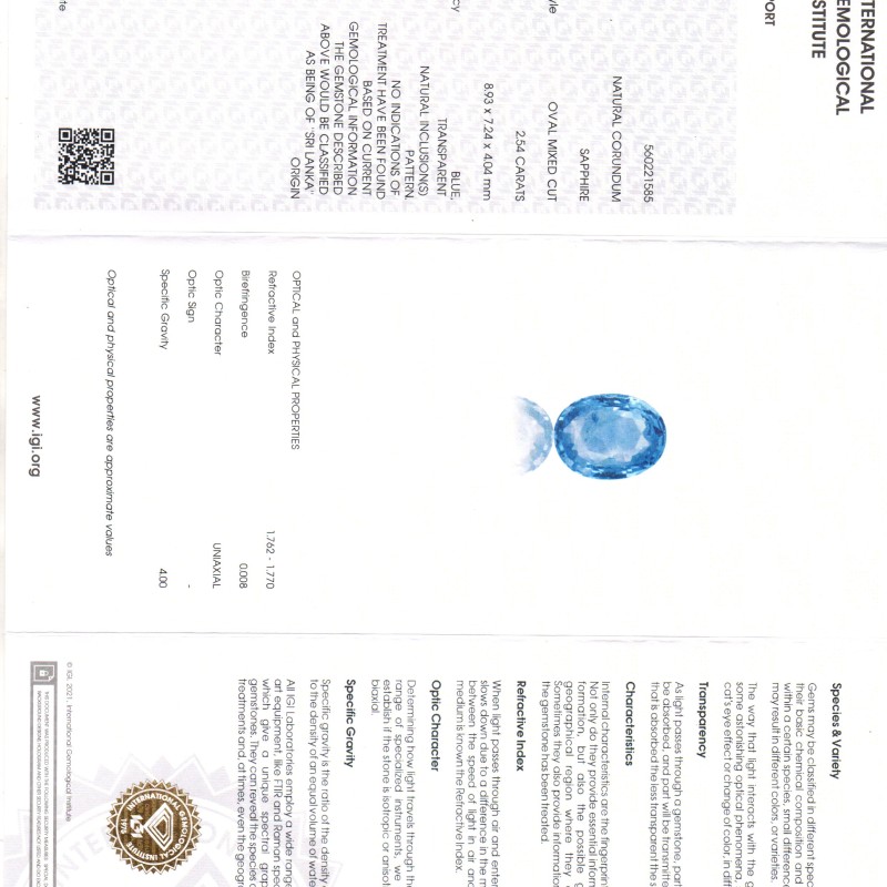 2.54 Ct IGI Certified Unheaated Untreated Natural Ceylon Blue Sapphire AA 2.54 Ct IGI Certified Unheaated Untreated Natural Ceylon Blue Sapphire AA