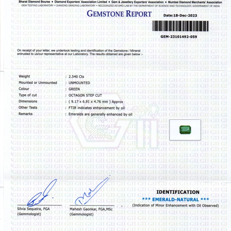 2.54 Ct GII Certified Untreated Natural Zambian Emerald Panna AAA