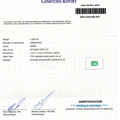 2.54 Ct GII Certified Untreated Natural Zambian Emerald Panna Gems 2.54 Ct GII Certified Untreated Natural Zambian Emerald Panna Gems