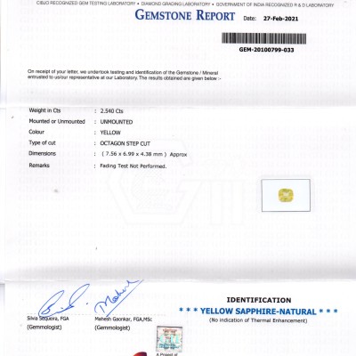 2.54 Ct GII Certified Unheated Untreated Natural Ceylon Yellow Sapphire AAA 2.54 Ct GII Certified Unheated Untreated Natural Ceylon Yellow Sapphire AAA