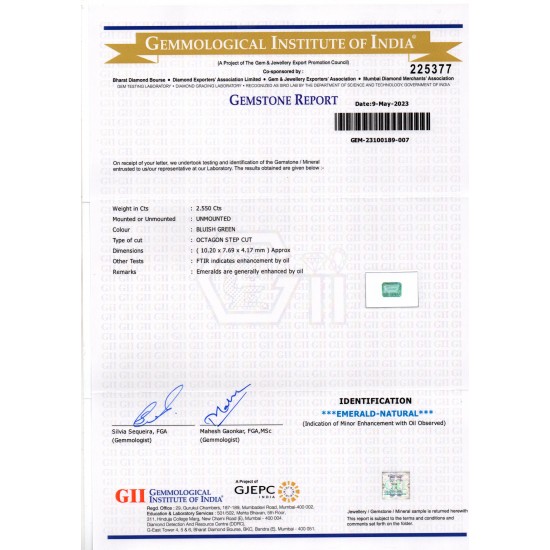 2.55 Ct GII Certified Untreated Natural Zambian Emerald Panna Gemstone