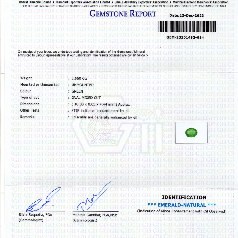 2.55 Ct GII Certified Untreated Natural Zambian Emerald Panna AAA