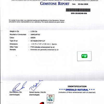 2.55 Ct GII Certified Untreated Natural Zambian Emerald Gems AAA 2.55 Ct GII Certified Untreated Natural Zambian Emerald Gems AAA
