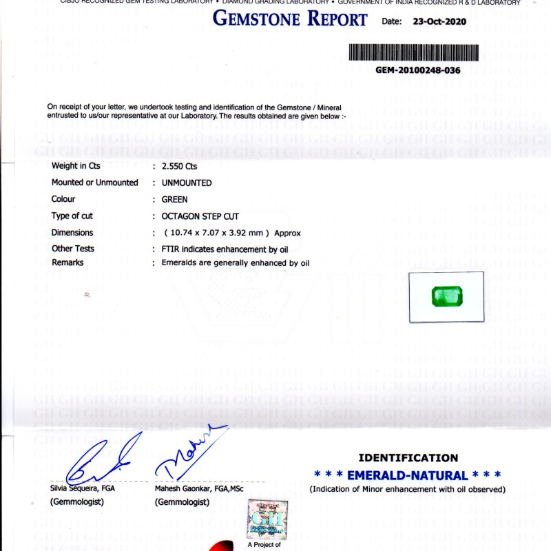 2.55 Ct GII Certified Untreated Natural Zambian Emerald Gems AAA 2.55 Ct GII Certified Untreated Natural Zambian Emerald Gems AAA