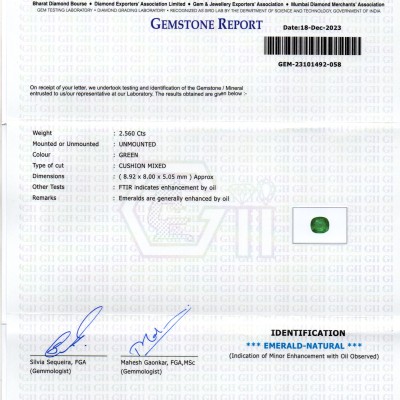 2.56 Ct GII Certified Untreated Natural Zambian Emerald Panna AAA