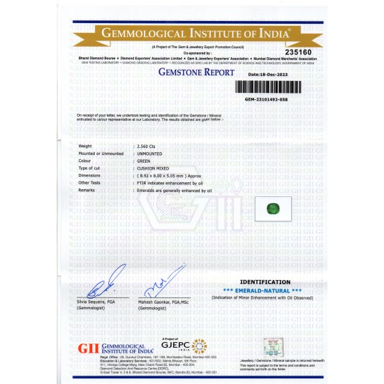 2.56 Ct GII Certified Untreated Natural Zambian Emerald Panna AAA