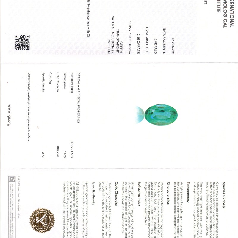 2.56 Ct IGI Certified Untreated Natural Zambian Emerald Gemstone AAA 2.56 Ct IGI Certified Untreated Natural Zambian Emerald Gemstone AAA