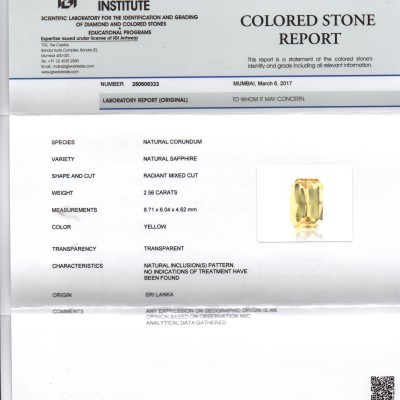 2.56 Ct IGI Certified Unheated Untreated Natural Yellow Sapphire AAAAA 2.56 Ct IGI Certified Unheated Untreated Natural Yellow Sapphire AAAAA