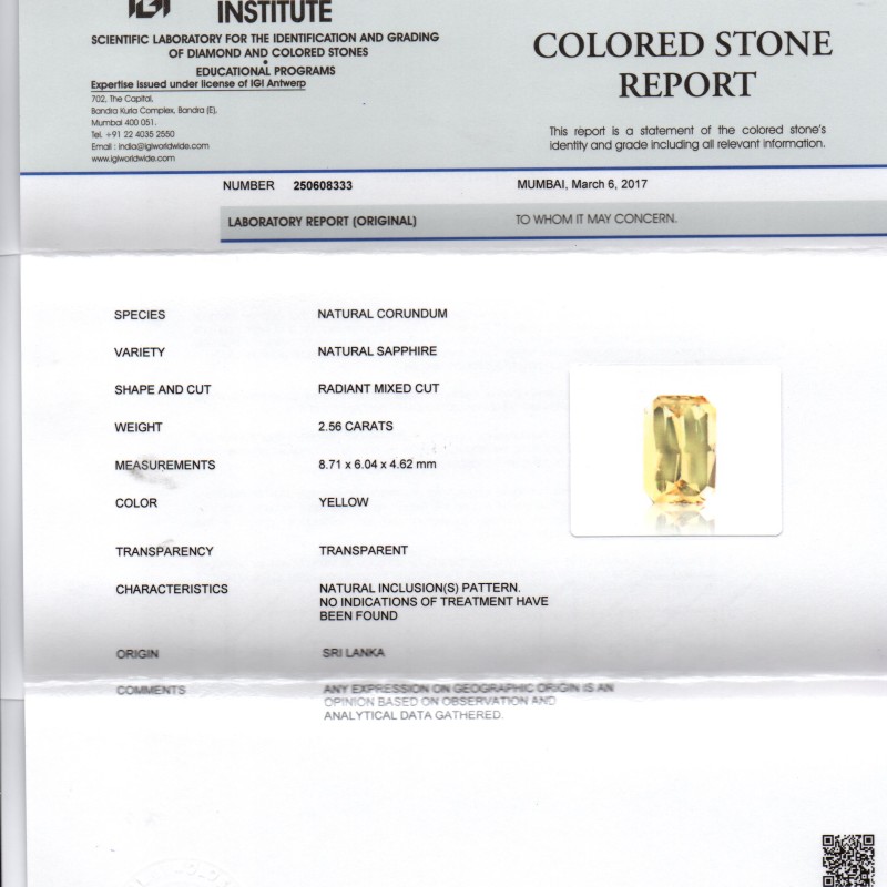 2.56 Ct IGI Certified Unheated Untreated Natural Yellow Sapphire AAAAA 2.56 Ct IGI Certified Unheated Untreated Natural Yellow Sapphire AAAAA