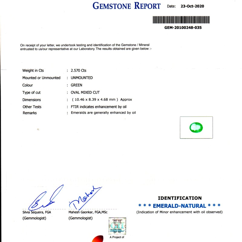 2.57 Ct GII Certified Untreated Natural Zambian Emerald Gems AAAA