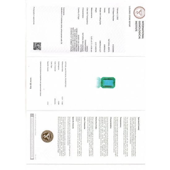 2.57 Ct IGI Certified Untreated Natural Zambian Emerald Gemstone AAA