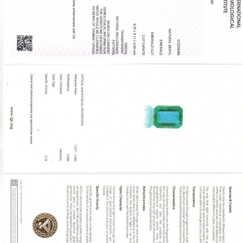 2.57 Ct IGI Certified Untreated Natural Zambian Emerald Gemstone AAA