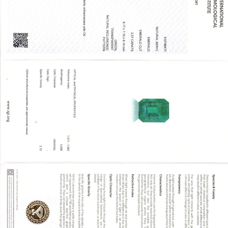 2.57 Ct IGI Certified Untreated Natural Zambian Emerald Gemstone