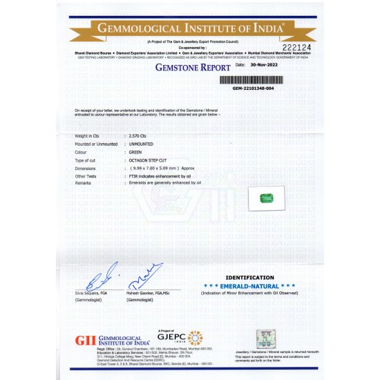 2.57 Ct GII Certified Untreated Natural Zambian Emerald Gemstone AAA