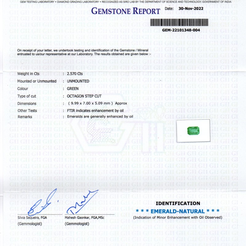 2.57 Ct GII Certified Untreated Natural Zambian Emerald Gemstone AAA