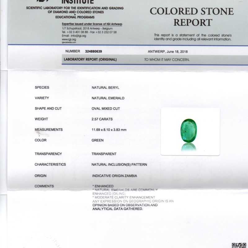 2.57 Ct IGI Certified Untreated Natural Zambian Emerald Gemstone AAA 2.57 Ct IGI Certified Untreated Natural Zambian Emerald Gemstone AAA