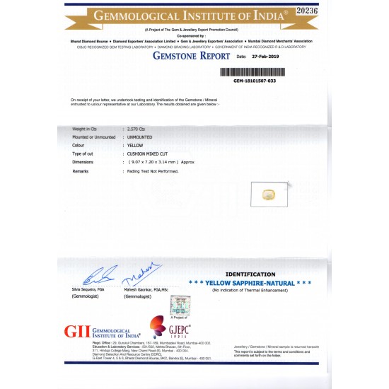 2.57 Ct GII Certified Unheated Untreated Natural Ceylon Yellow Sapphire