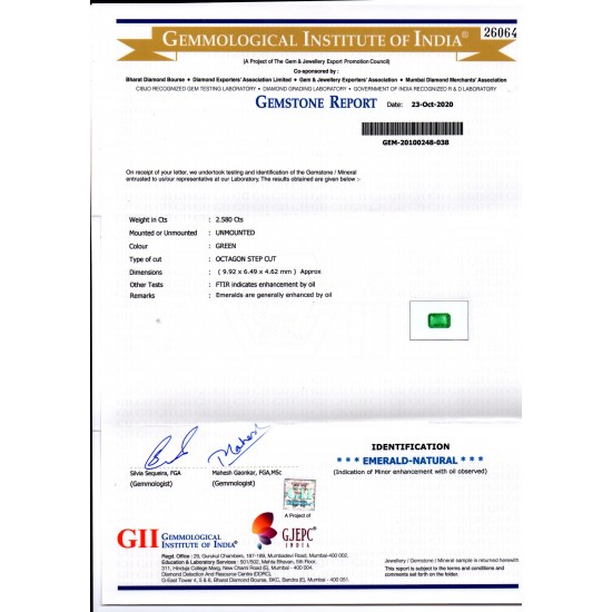 2.58 Ct GII Certified Untreated Natural Zambian Emerald Gems AAA