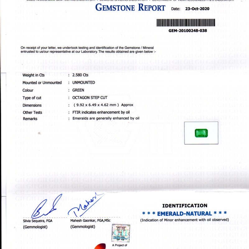 2.58 Ct GII Certified Untreated Natural Zambian Emerald Gems AAA